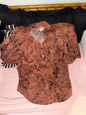 Maeve Rust-Pink Abstract Puff-Sleeve Button Front Blouse